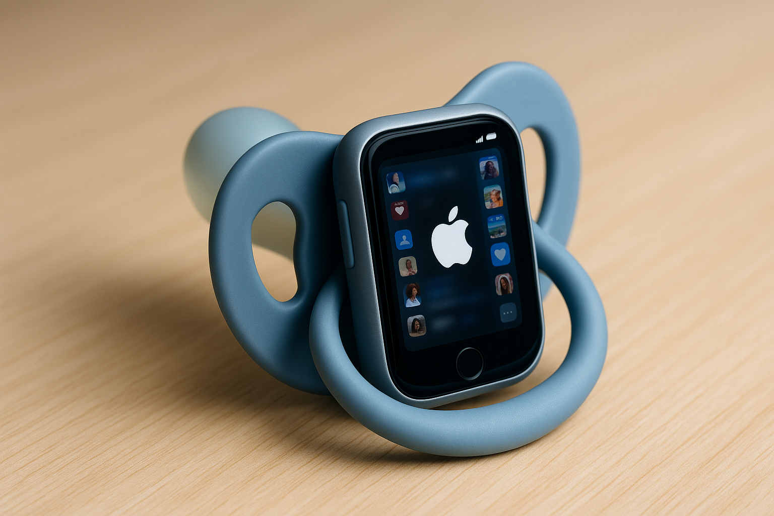 Pacifier with smart phone screen in baby-blue chewable silicon