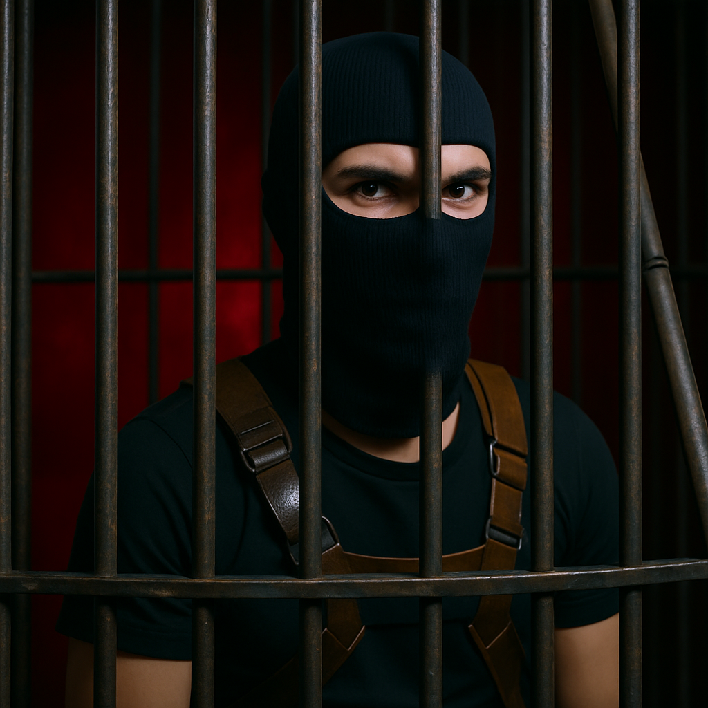 Caged man in BDSM outfit