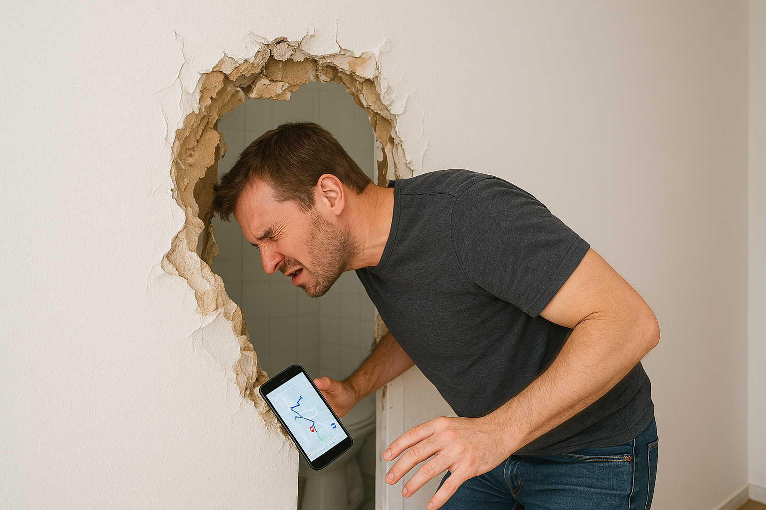 ChatGPT Image Nov 13, 2025, 03_25_36 PM Man smashing wall with head, holding phone with google maps open. Toilet viewed in background.