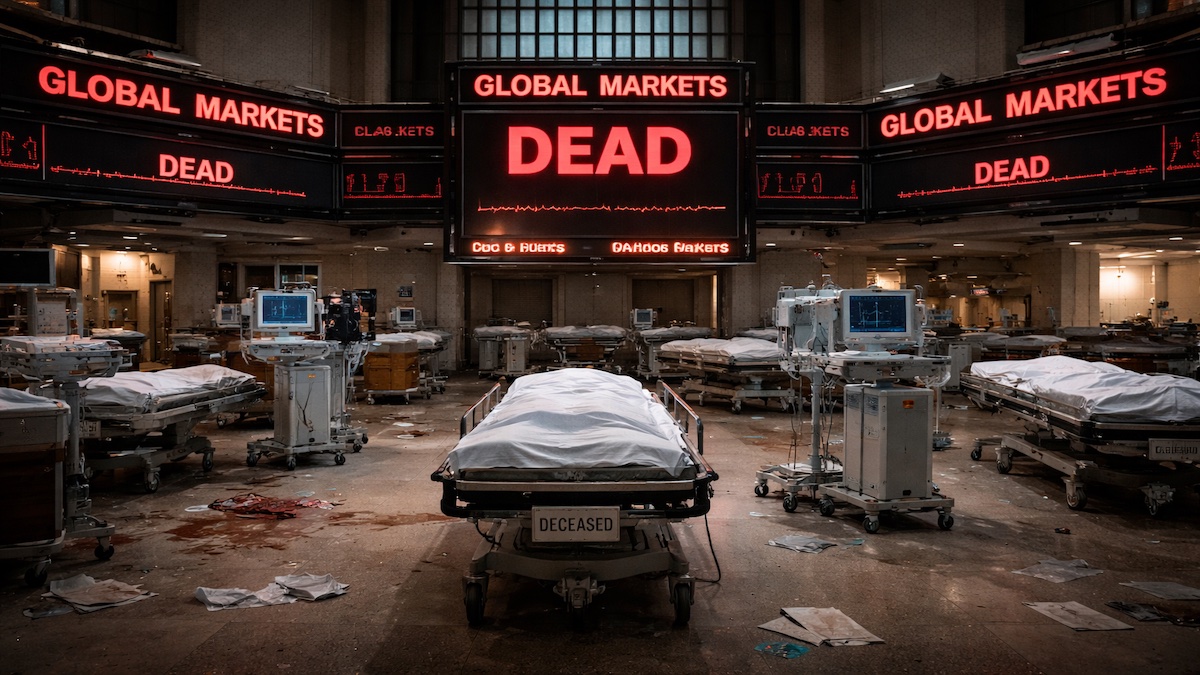 Trump vs global economy Stock market exchange, with LED screen saying "Global Markets Dead"