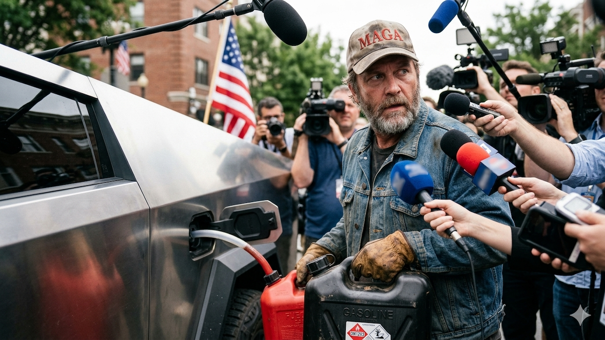 MAGA Syphon Trump Man wearing MAGA hat surrounded by reporters while putting syphon hose into CyberTruck charging port.