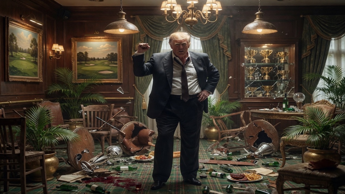 Trump standing triumphant in a trashed bar