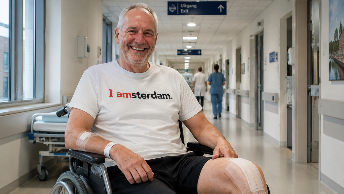 ChatGPT Image Aug 19, 2026, 03_55_13 PM Smiling man in hospital wheel chair wearing I amsterdam t-shirt