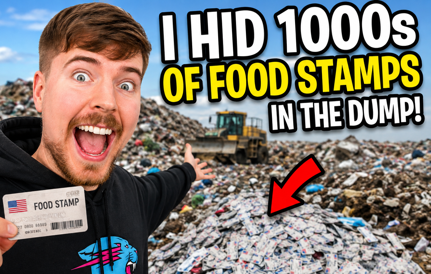 ChatGPT Image Aug 29, 2026, 02_20_14 PM AI Image of MrBeast youtube thumnail. MrBeast points to garabage pit "I hid 1000s of food stamps in the dump"